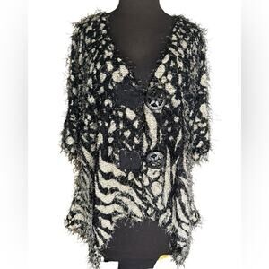 Y2K Animal Print Asymmetric Lagenlook Eyelash Artsy Jacket Womens L Oversized